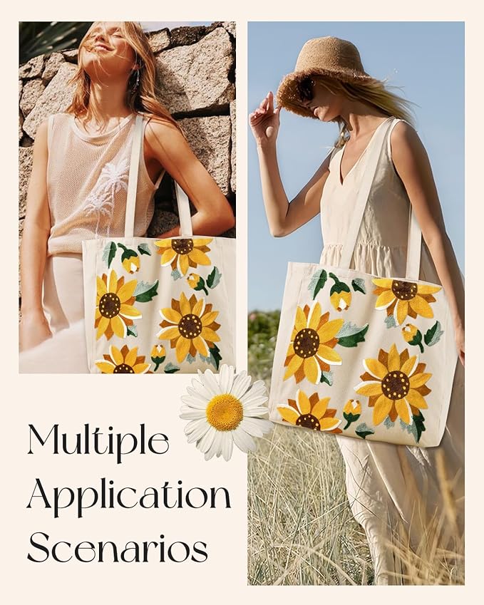 Aesthetic Embroidery Tote Bag for Women - Reusable Canvas Cute Shoulder Bag for Shopping, Grocery, Work, Book