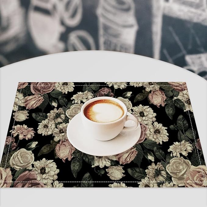 Floral Placemats Set of 4, 17x12 Inch Vintage White Pink Rose Flower Spring Plant Boho Art Print Table Mats for Home Party Kitchen Dining Decor