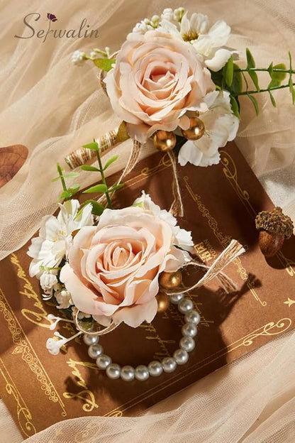 Serwalin Champagne Corsage and Boutonniere Set, Prom Flower Wrist Corsage Bracelets, Homecoming Roses Corsage Wristlet and Men Boutonniere for Wedding Flowers Accessories Prom Suit Decorations