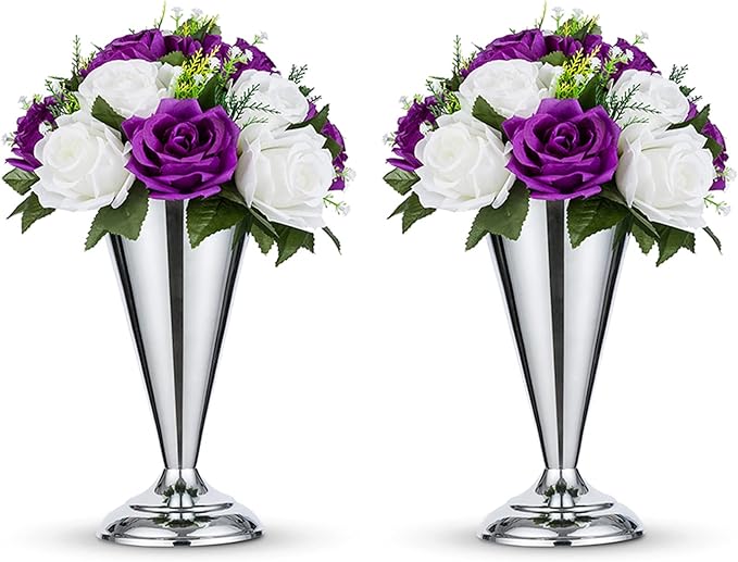 2 Pcs Tabletop Silver Metal Wedding Flower Trumpet Vase, 9.8 inch Table Decorative Centerpiece Artificial Flower Arrangements for Anniversary Ceremony Party Birthday Event Aisle Home Decoration