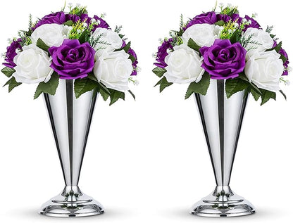 2 Pcs Tabletop Silver Metal Wedding Flower Trumpet Vase, 9.8 inch Table Decorative Centerpiece Artificial Flower Arrangements for Anniversary Ceremony Party Birthday Event Aisle Home Decoration