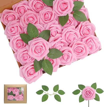 Artificial Flowers Dark Pink Roses 100PCS Real Looking Foam Fake Roses with Leaves and for DIY Wedding Bouquets Bridal Shower Centerpieces Party Decorations (Dark Pink, 100)