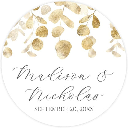 Personalized Floral Wedding Stickers with Your Choice of 30 Flower Styles - Choose Font and One of Five Pre-made Phrases or Add Custom Text (004 - Gold Leaves)