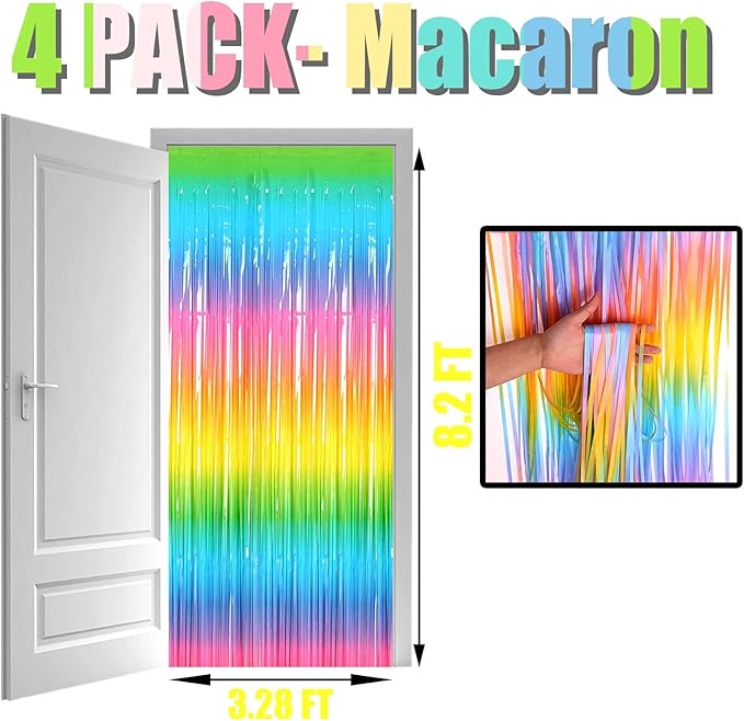 4 Pack Rainbow Tinsel Foil Fringe Curtain Backdrop, 3.28Ft x 8.2Ft Colorful Metallic Streamers for Photo Booth Props Wedding Bridal Shower Bachelorette Birthday Easter Christmas Party Decoration