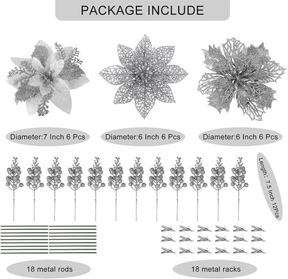 RECUTMS 66 Pcs 3 Styles Silver Christmas Ornaments Christmas Glitter Poinsettia Flowers Artificial Christmas Tree Flower Decorations Wedding Wreath Floral Decorations (Silver)