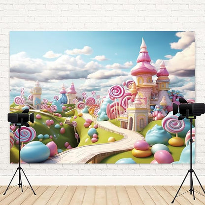 6x4ft Candyland Backdrop Fantasy Candy Castle Photography Background Sweet Lollipop Dream Blue Sky White Cloud Kids Birthday Banner Decorations Baby Shower Newborn Portrait Photo Booth Prop