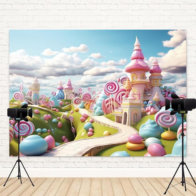 8x4ft Candyland Backdrop Fantasy Candy Castle Photography Background Sweet Lollipop Dream Blue Sky White Cloud Kids Birthday Banner Decorations Baby Shower Newborn Portrait Photo Booth Prop