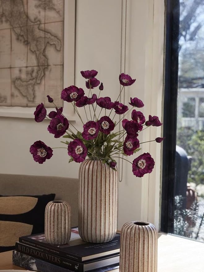 IPOPU Burgundy Silk Flowers 6PCS Fake Poppies Artificial Flowers for Veterans Day Floral Centerpieces, Tables, Wedding Decorations, Reception