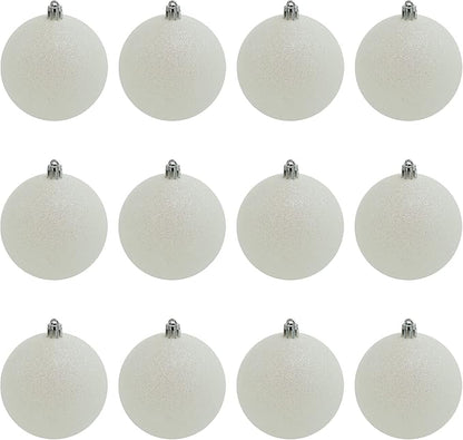 4E's Novelty White Snowball Christmas Ornaments Set of 12 - Large 3.15" Iridescent Shatterproof Glitter Balls for Christmas Tree, Winter Wonderland Decorations