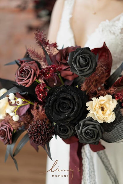 Ling's moment Black and Burgundy Wedding Bouquets for Bride, Gothic Bridal Bouquets for Bride, 13 Inch Free Form Artificial Wedding Flower Bouquet