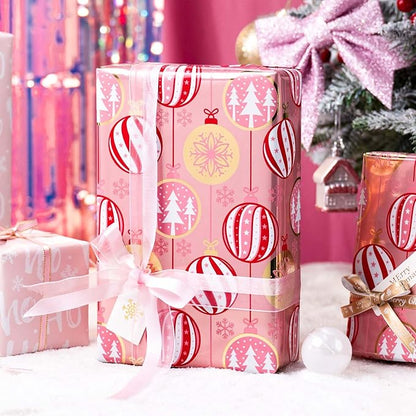 MAYPLUSS Christmas Wrapping Paper Roll - 17 Inch X 33 Feet - Pink Christmas Bell Tree Snowflake Star Reversible HO Gift Wrapping Paper, Thick Wrap Paper for Holiday Party New Year Kids