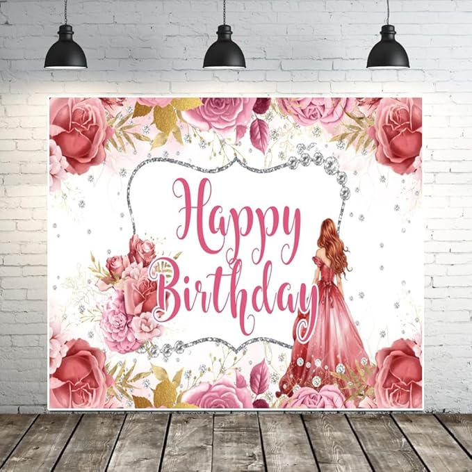 Princess Happy Birthday Backdrop 10x8ft Girls Watercolor Flower Floral Rose Diamond Decorations Photography Background Banner Photo Booth Studio