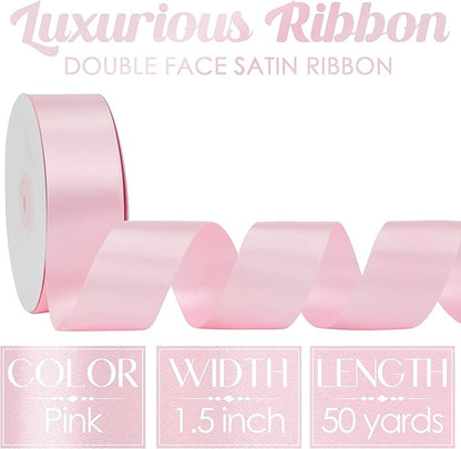 MEEDEE Pink Satin Ribbon 1-1/2 Inch Pink Ribbon Lux Double Faced Satin Ribbons by 50 Yards Polyester Satin Ribbons for Crafts, DIY Crafts, Weddings, Flower Bouquet, Holiday Decorating
