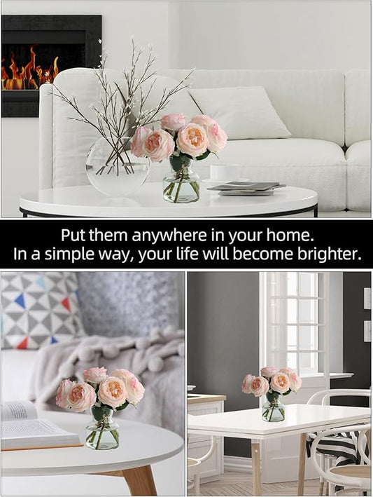 6Pcs Fake Austin Rose Peonies Flowers with Vase, Clear Glass Vase with Pink Real Touch Peonies Artificial Flowers Home Decor(Pink)