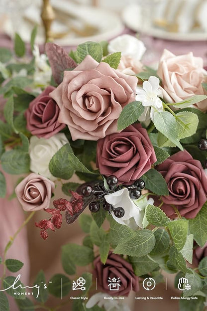 Ling's moment 2PCS Artificial Floral Swags Centerpieces Wedding Flower Rose Garland Greenery Arrangements for Sweetheart/Head Table Decor Wedding Car Wall Arch Garden Decor | Dusty Rose & Mauve