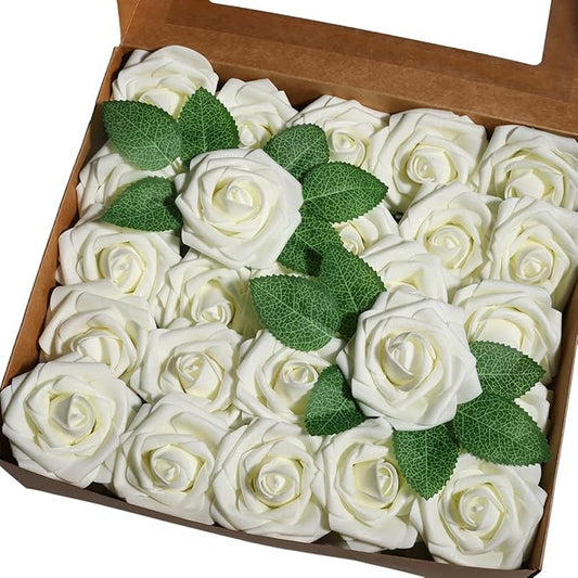 50pcs Artificial Flower，Real Touch Foam Roses w/Stem DIY for Wedding Bouquet Centerpieces Party Shower Home Decor-Ivory