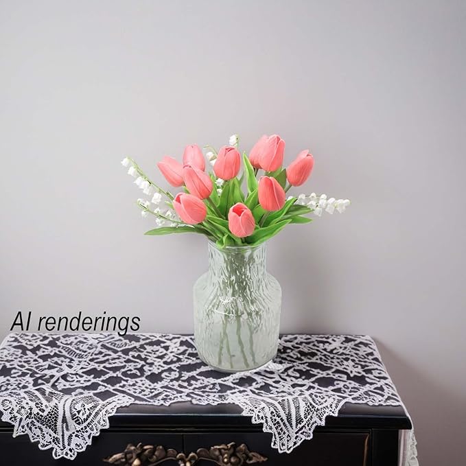 10-Heads Artificial Flowers PU Mini Real Touch Tulip Bouquets for Home Wedding Party Centerpiece Decoration (Gradient Coral)