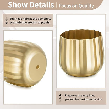 Gold Vases Compote Centerpiece Planter: 4" Ribbed Metal Vase Small Compote Bowl Planter Pot with Drainage Hole for Wedding Table Centerpiece Indoor Plants Set of 6