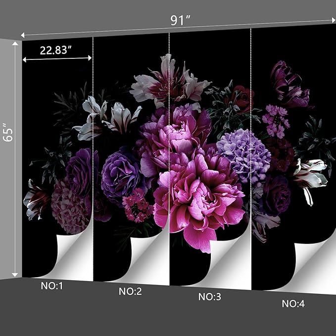 Black Peony Floral Wallpaper Bedroom Purple Botanical Flowers Leaf murals Living Room tv Background Large Wall Mural Aesthetic Room Decor - 91"x65" Not Peel and Stick