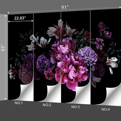 Black Peony Floral Wallpaper Bedroom Purple Botanical Flowers Leaf murals Living Room tv Background Large Wall Mural Aesthetic Room Decor - 91"x65" Not Peel and Stick