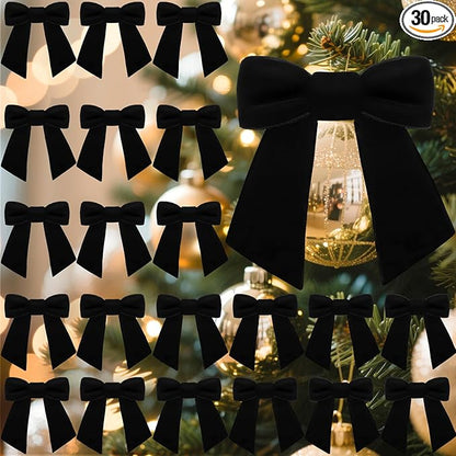 30 Pcs Velvet Ribbon Bows 3.5" x 3.5" Pre Tied Christmas Velvet Bows with Twist Tie for Gift Packaging Christmas Tree Wreaths Door Windows Wedding Party Decoration(Black)