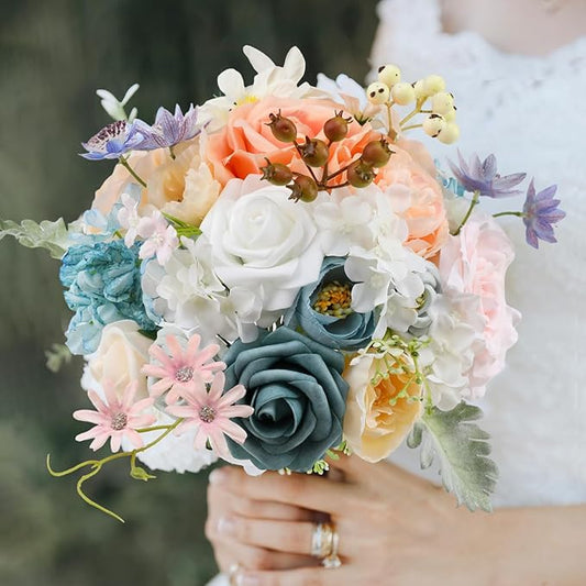 Artificial Flowers Combo for DIY Wedding Bouquets Combo Centerpieces Arrangements Party Bridal Baby Shower Home Decorations-Blue&White