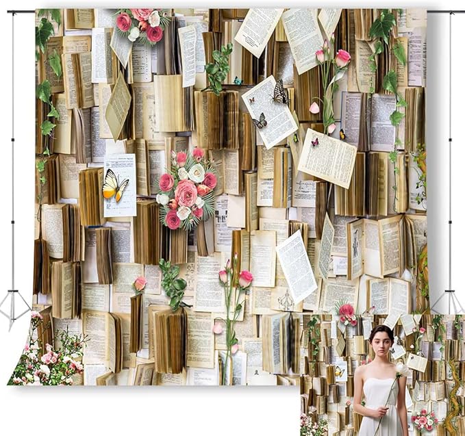 8x8ft Vintage Bookshelf Background Books Pink Flowers Weeding Decor Photo Backdrop Girls Party Kids Baby Shower Birthday Baby Shower Photo Studio Props KUBDJ731