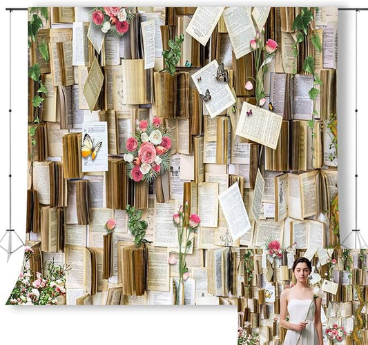 8x8ft Vintage Bookshelf Background Books Pink Flowers Weeding Decor Photo Backdrop Girls Party Kids Baby Shower Birthday Baby Shower Photo Studio Props KUBDJ731