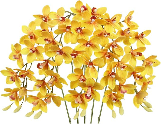 IPOPU Yellow 5 Pcs Artificial Orchids That Look Real Real Touch Latex Orchid Fake Flowers for Living Room Bathroom Kitchen Wedding and Engagement Centerpiece Arrangement
