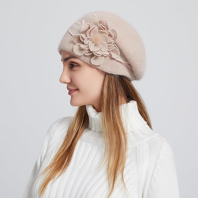 Flower Women Beret, Double Layer Thickened Winter Knitted Beanie Beret Hat, Stylish French Dress Beret Hats for Women