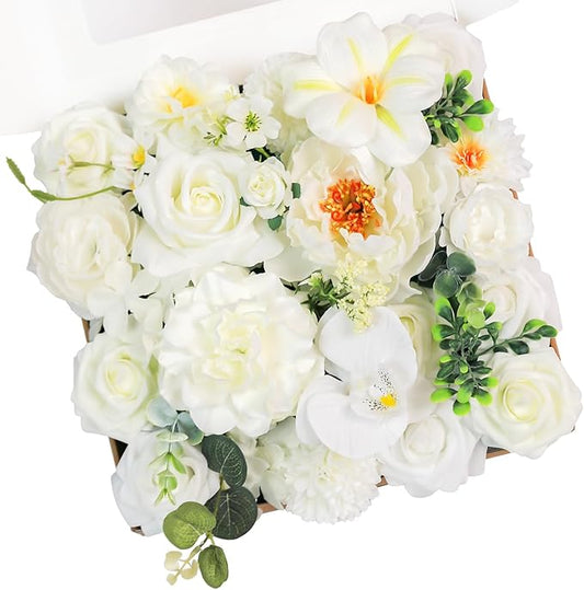 TINGE TIME Artificial Flowers Combo Mix Silk Flowers White Roses w/stem for DIY Wedding Bridal Bouquets Baby Shower Floral Arrangement Table Centerpieces Home Decorations (Ivory White)