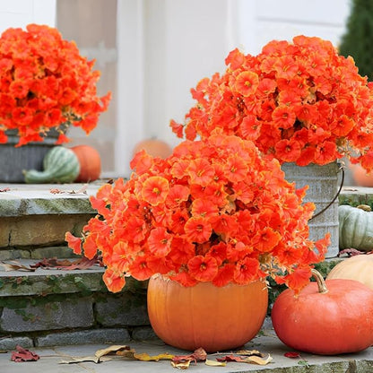 Artificial Fall Flowers Fake Plants for Outdoor Autumn Decoration, 12 Bundles Silk Orange Morning Glory UV Sun Resistant Realistic Faux Flowers for Window Box Porch Patio Yard Balcony (Fall Plants)