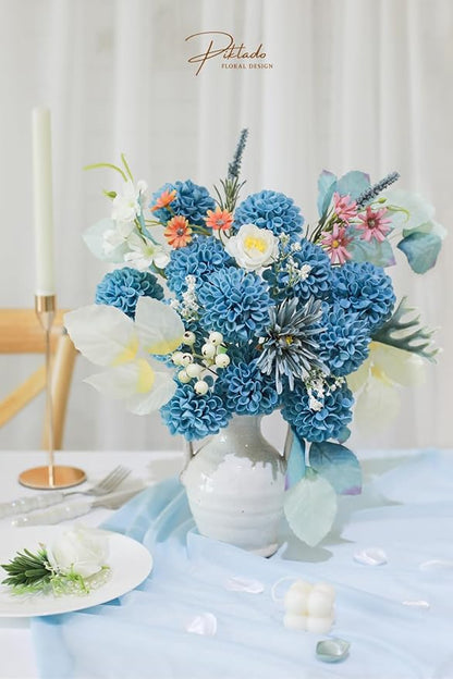 Artificial Wedding Cake Flowers Dahlia Flowers 25 pcs Fake Roses w/Stem for DIY Wedding Decor Centerpieces Arrangements Bouquets (Light Grayish Blue)