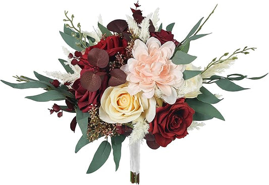 Rinlong 1Pc Burgundy Wedding Bouquets for Bridesmaids Fall Boho Bouquet Artificial Bridesmaid Bouquet for Wedding Prom Homecoming