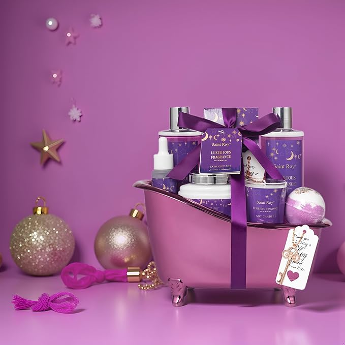 Bath Basket Spa Kit Spa Gifts for Women, Luxury Bath and Body Basket Set 10pcs Self Care Kit Lavender Scent Birthday Gifts Skin Care Set, Christmas Gifts for Women, Beauty kits Bridal Shower