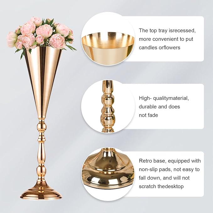 10 Pcs Flower Trumpet Vases Table Decorative Centerpiece Gold Tall Flower Vase, 16.5 Inch Metal Wedding Vases Arrangement Flower Stand for Ceremony Party Birthday, Weddings, Home Decoration