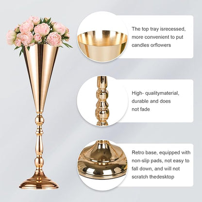 10 Pcs Flower Trumpet Vases Table Decorative Centerpiece Gold Tall Flower Vase, 16.5 Inch Metal Wedding Vases Arrangement Flower Stand for Ceremony Party Birthday, Weddings, Home Decoration