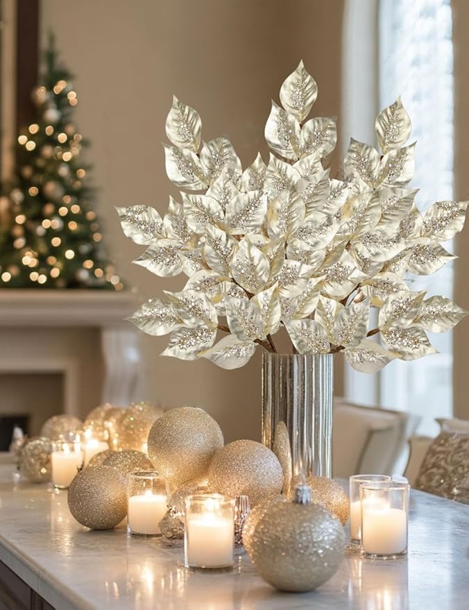 Christmas Tree Picks and Sprays 31.5" Champagne Atrificial Elm Leaves with Stems 3 Pcs Christmas Picks for Tree Champagne Vase Fillers for DIY Xmas Trees Wreath Centerpieces Wedding Bouquet Decor