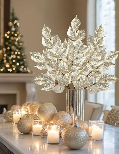 Christmas Tree Picks and Sprays 31.5" Champagne Atrificial Elm Leaves with Stems 3 Pcs Christmas Picks for Tree Champagne Vase Fillers for DIY Xmas Trees Wreath Centerpieces Wedding Bouquet Decor
