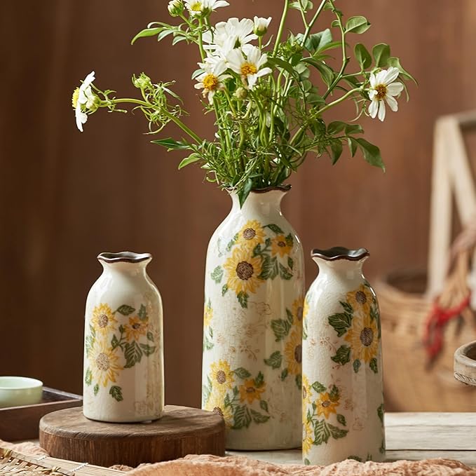 Levvohd Autumn Ceramic Vase Set of 3, Vintage Small Vases for Decor Home Your Kitchen Bedroom Living Room Bathroom Shelf Centerpiece Table Decorations (H 9.5" + H7.7 + H5.9)