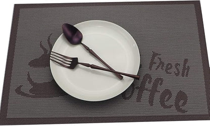 Gugrida Placemats Set of 6 Plaid Checkered Coffee Heat-Resistant Anti-Skid PVC Placemat for Dining Table Durable Woven Vinyl Stain tablemats 18"X12", Large