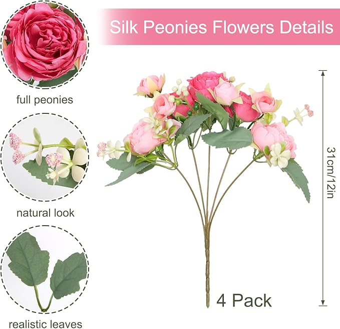 SOMYTING Peonies Artificial Flowers, Fake Flowers Pink Peonies Faux Flowers Vintage Artificial Silk Flower Peonies Bouquets Floral Arrangements Home Wedding Party Coffee Table Decor (Rose Pink, 4PCS)