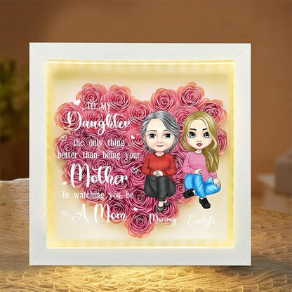 Personalized Mom Flower Shadow Box with LED Light Custom Heart Shaped Rose Flower Shadow Box Frame To My Daughter Mother's Day Portrait Shadowbox Memory Gifts for Mom from Daughter Christmas Birthday