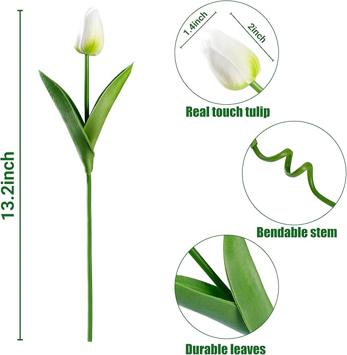 Sggvecsy 15 Pcs Fake Tulips Artificial Flowers Real Touch PU Faux Flowers Tulip Stems for Wedding Spring Bouquet Floral Arrangement Home Party Office Decorations for Mother's Day (Green White)