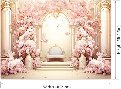 AOFOTO 7x5ft Wedding Backdrop Palace Hall Wall Spring Pink Flower Arch Background for Photography Bridal Shower Valentine's Day Prom Decoration Banner Girl Portrait Photo Booth Backdrop
