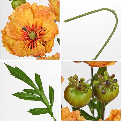 Hollyone 5Pcs Orange Poppy Flowers Artificial Bouquet 32.2" Silk Fake Poppy Flowers Arrangement Real Touch Faux Poppies Flower Long Stem for DIY Wedding Party Table Centerpiece Table Home Decor