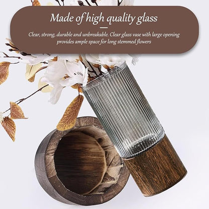 Wooden Vase, Glass Vase with Wooden Base Cylindrical Flower Vase, Classic Boho Rustic Style for Fireplace Bedroom Kitchen Living Room Centerpieces Office Desk, 10" H (Vertical Grain)