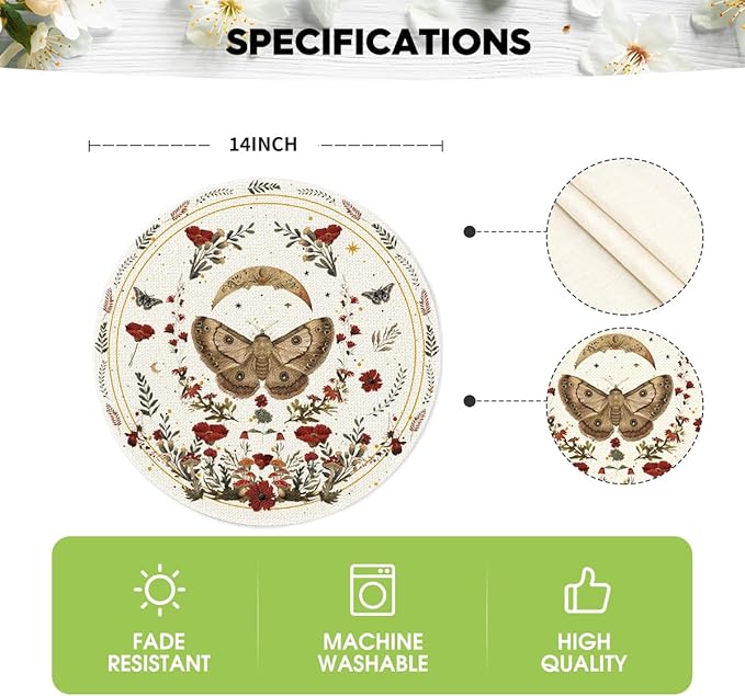 Artoid Mode Beige Poppy Moth Moon Round Placemats Set of 4, 14 Inch Floral Spring Round Table Mats for Party Kitchen Dining Decoration