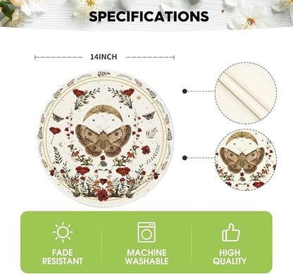 Artoid Mode Beige Poppy Moth Moon Round Placemats Set of 4, 14 Inch Floral Spring Round Table Mats for Party Kitchen Dining Decoration