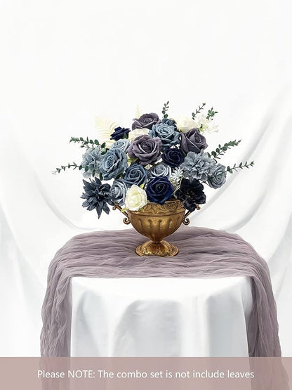 Roses Artificial Flowers Dusty Blue Silk Bulk for DIY Wedding Bouquets Bridal Baby Shower Decorations Fake Floral Arrangements for Party Table Centerpieces Home Decor Indoor Navy Royal Box Set
